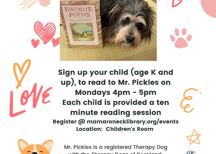 Welcome Back, Mr. Pickles — Grades K & up — Read to Our Therapy Dog -  Mamaroneck Public Library