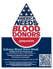Springfield Subway Community Blood Drive Week Monday 6/22 thru Sunday 6/28