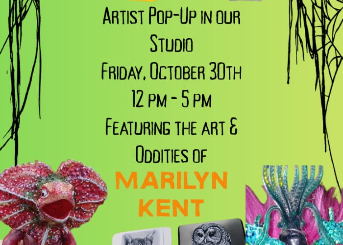 Flyer or photo for Artist pop-up in the MECCA Studio: Art & oddities of Marilyn Kent!