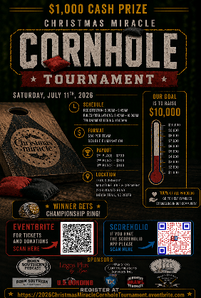 $1K Cash Cornhole Tournament, Charity Event for Christmas Miracle