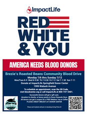 Springfield-Brezie's Roasted Beans Community Blood Drive Monday 7/6 thru Sunday 7/12