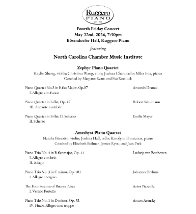 Fourth Friday Concert featuring North Carolina Chamber Music Institute's Zephyr Piano Quartet and